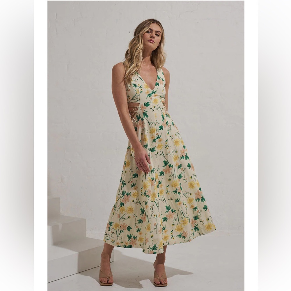 mon renn etherial floral garden party lace up sides midi summer sun dress small